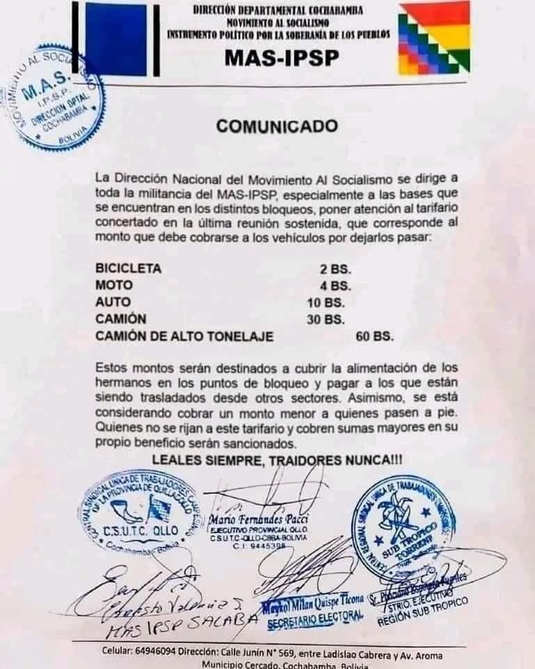 INSTRUYEN COBRAR HASTA 60 Bs. EN PUNTOS DE BLOQUEOS