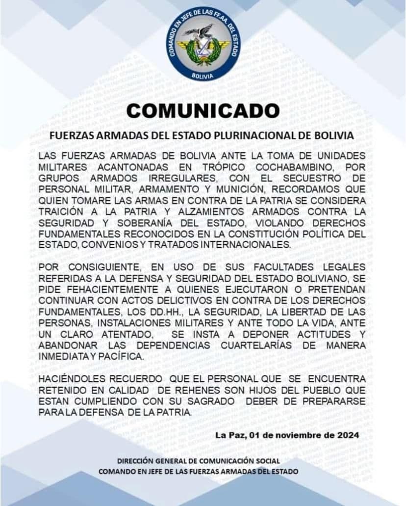 INSTAN A ABANDONAR CUARTELES DE MANERA PACÍFICA A QUIENES LOS TIENEN TOMADOS