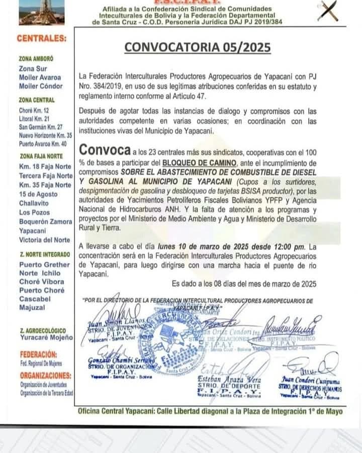 INTERCULTURALES DE YAPACANÍ ANUNCIAN BLOQUEO POR COMBUSTIBLE