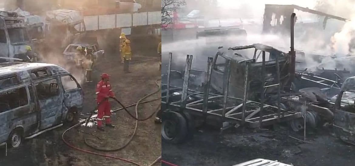 INCENDIO DESTRUYE AL MENOS 15 VEHÍCULOS EN DEPÓSITO DE DIRCABI EN COCHABAMBA