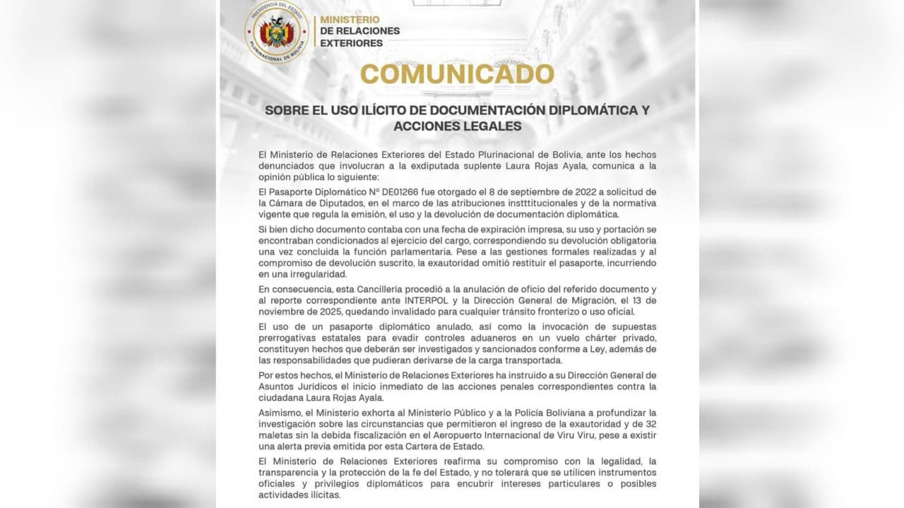 CANCILLERÍA CONFIRMA USO IRREGULAR DE PASAPORTE DIPLOMÁTICO DE LAURA ROJAS