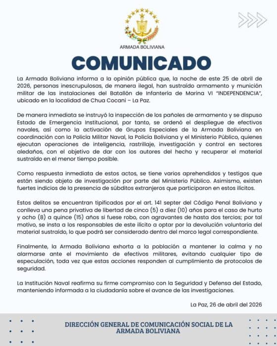 ARMADA BOLIVIANA DECLARA EMERGENCIA POR ROBO MILITAR