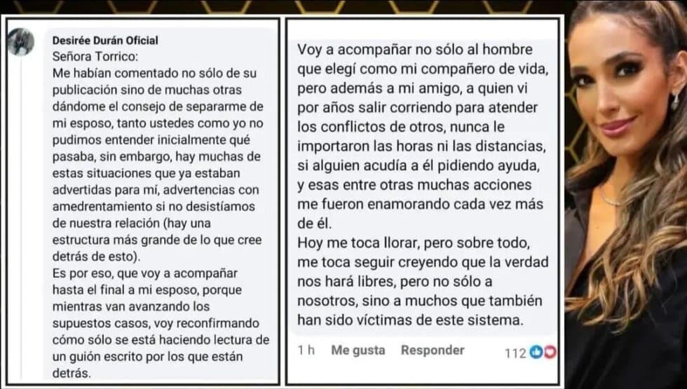 DESIRÉE DURÁN EXPRESA SU APOYO A SU ESPOSO  EN MEDIO DE DENUNCIAS POR ESTUPRO