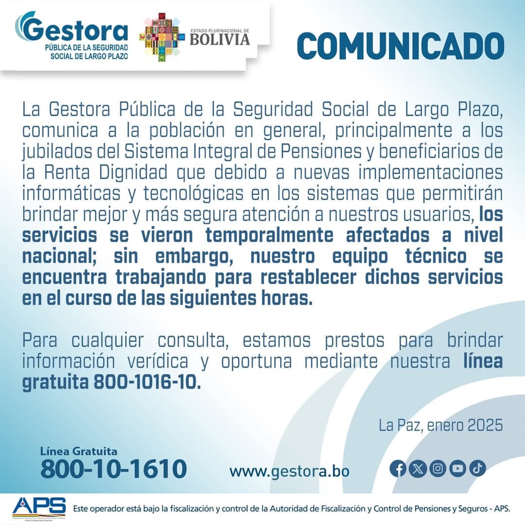 RENTA DIGNIDAD Y JUBILACIÓN SUSPENDIDOS POR PROBLEMAS TÉCNICOS DICE LA GESTORA