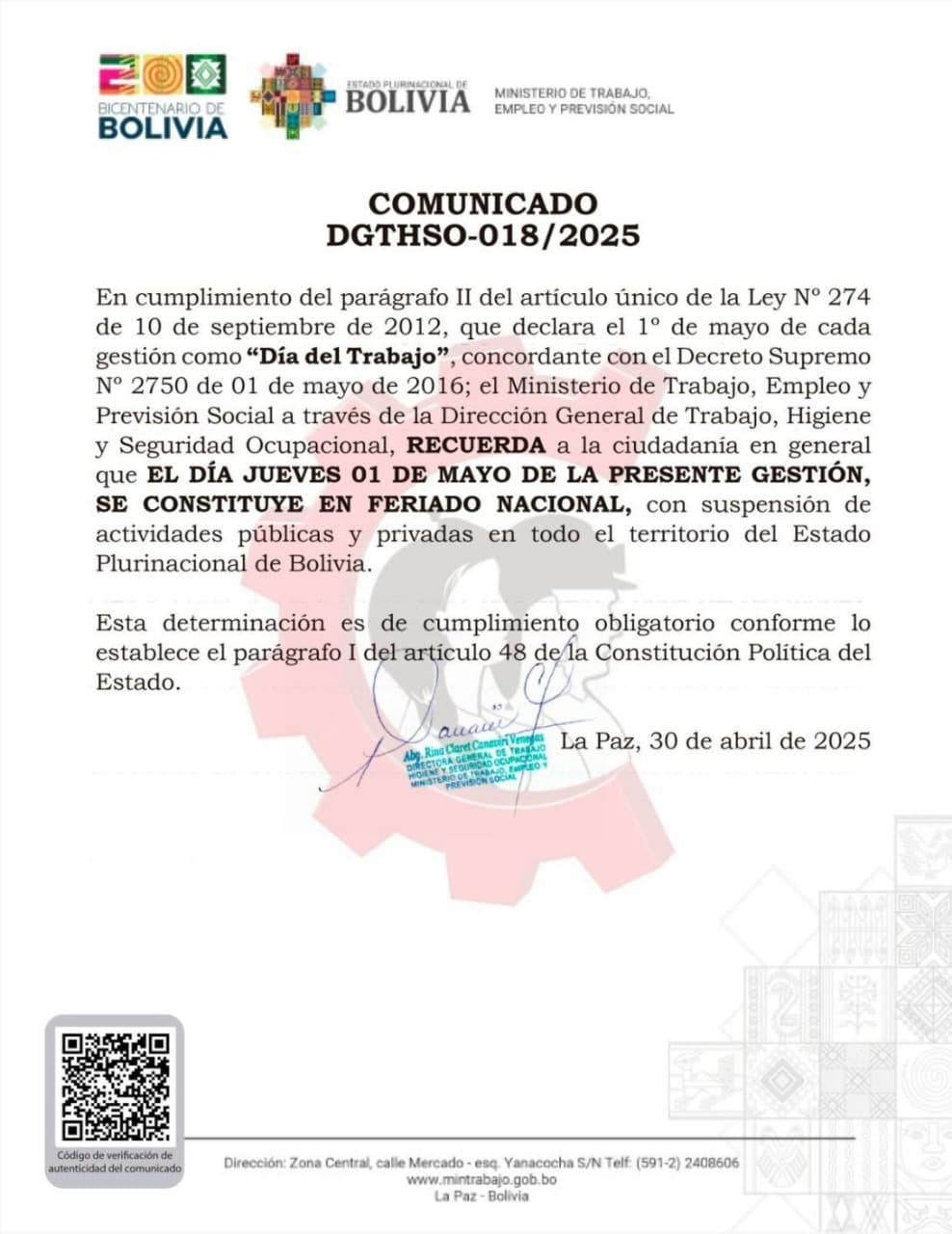 JUEVES 1 DE MAYO ES FERIADO NACIONAL CON SUSPENSIÓN DE ACTIVIDADES