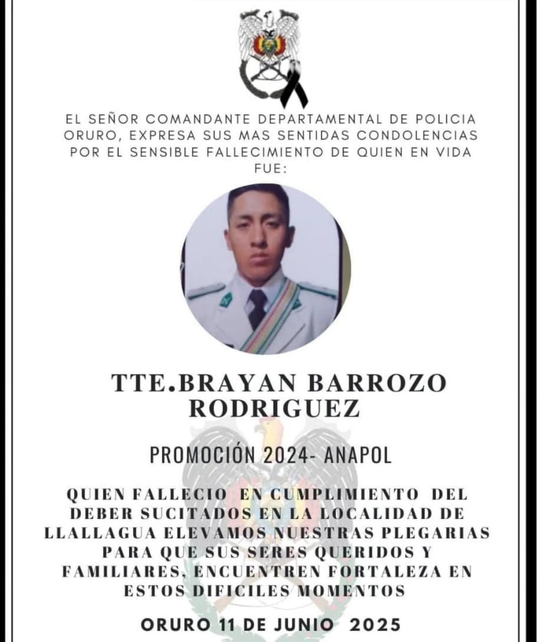 LUTO EN LA POLICÍA BOLIVIANA FALLECE EL TENIENTE BRAYAN BARROZO RODRÍGUEZ