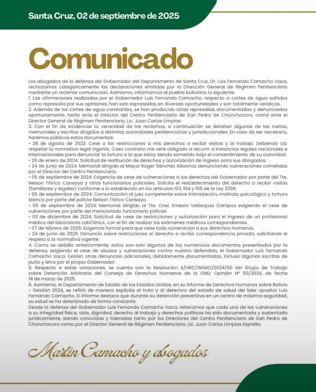 DEFENSA DE CAMACHO ASEGURA QUE DENUNCIAS POR MALTRATO ESTÁN DOCUMENTADAS