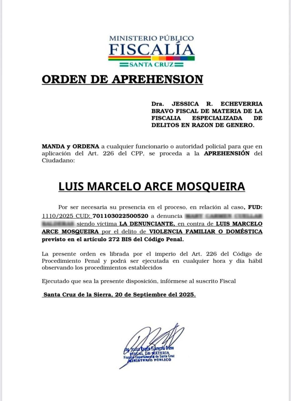 ORDEN DE APREHENSIÓN CONTRA LUIS MARCELO ARCE MOSQUEIRA POR VIOLENCIA FAMILIAR