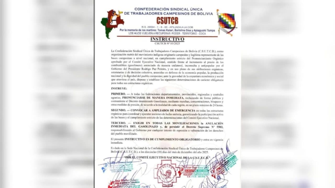 CSUTCB CONVOCA A MOVILIZACIONES NACIONALES CONTRA EL ALZA DE COMBUSTIBLES
