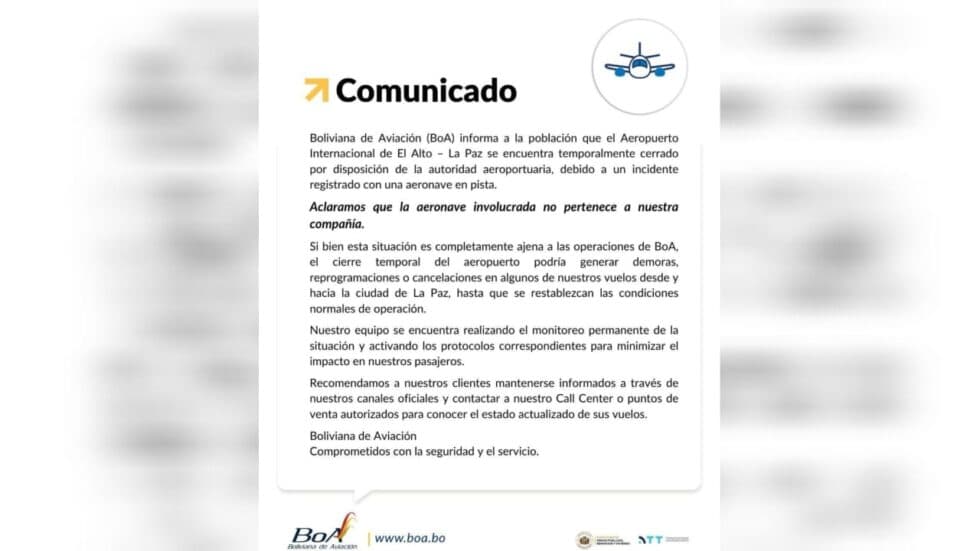 CIERRAN TEMPORALMENTE EL AEROPUERTO DE EL ALTO POR INCIDENTE AÉREO