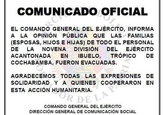 EVACUARON A FAMILIARES DE MILITARES QUE ESTABAN EN VILLA TUNARI