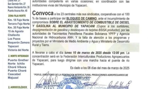 INTERCULTURALES DE YAPACANÍ ANUNCIAN BLOQUEO POR COMBUSTIBLE