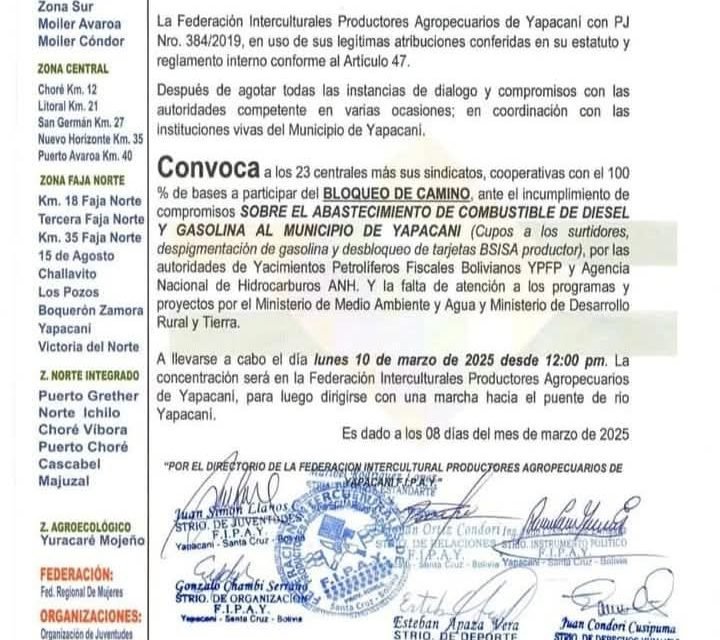 INTERCULTURALES DE YAPACANÍ ANUNCIAN BLOQUEO POR COMBUSTIBLE