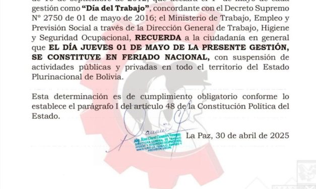 JUEVES 1 DE MAYO ES FERIADO NACIONAL CON SUSPENSIÓN DE ACTIVIDADES