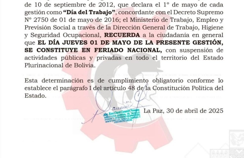 JUEVES 1 DE MAYO ES FERIADO NACIONAL CON SUSPENSIÓN DE ACTIVIDADES
