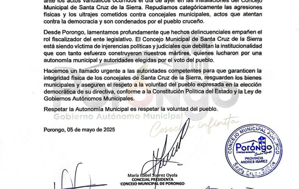 LA DIRECTIVA DEL CONCEJO MUNICIPAL DE PORONGO REPUDIA ACTOS VANDÁLICOS EN SANTA CRUZ DE LA SIERRA