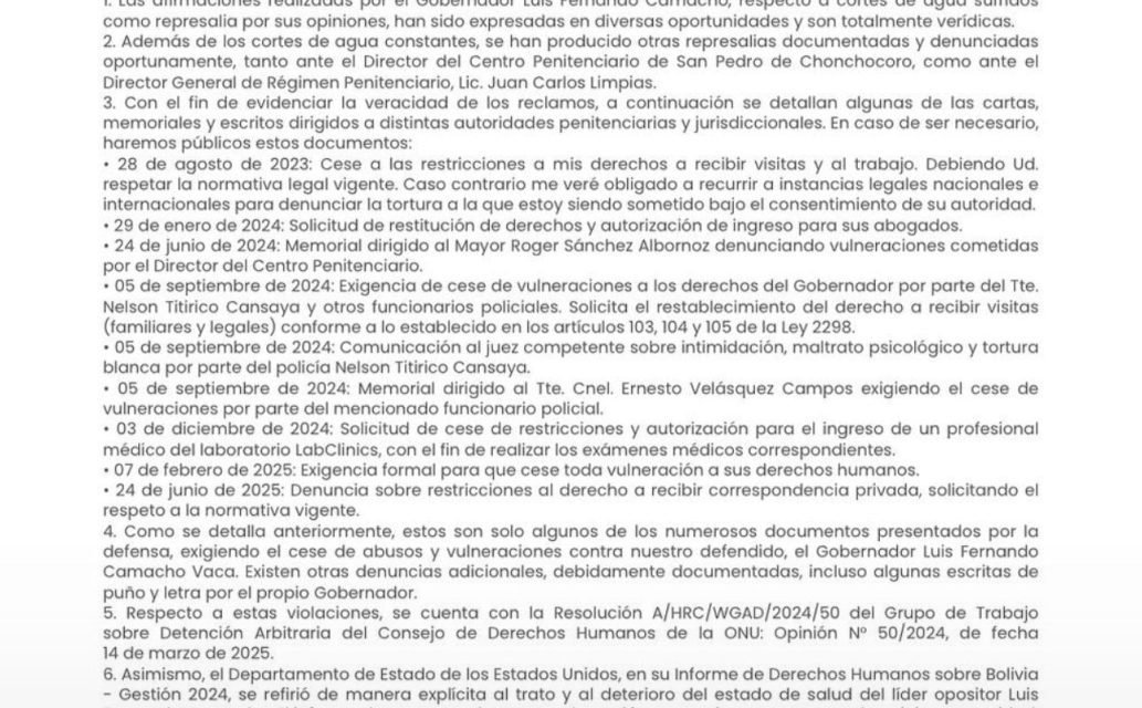 DEFENSA DE CAMACHO ASEGURA QUE DENUNCIAS POR MALTRATO ESTÁN DOCUMENTADAS