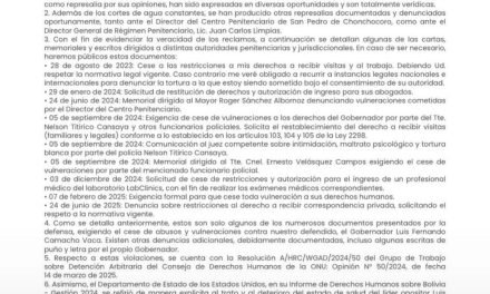 DEFENSA DE CAMACHO ASEGURA QUE DENUNCIAS POR MALTRATO ESTÁN DOCUMENTADAS