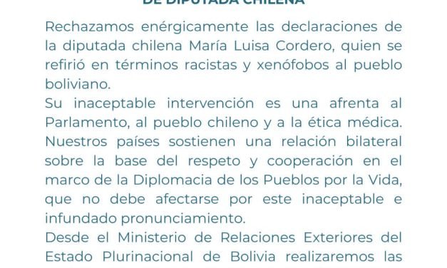 BOLIVIA CALIFICA DE “INACEPTABLES” LAS DECLARACIONES RACISTAS DE DIPUTADA DE CHILENA