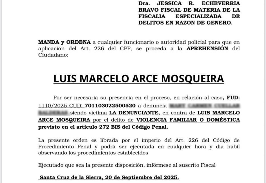 ORDEN DE APREHENSIÓN CONTRA LUIS MARCELO ARCE MOSQUEIRA POR VIOLENCIA FAMILIAR