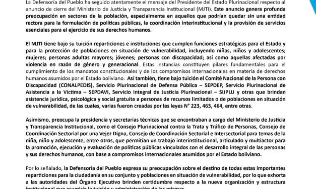 DEFENSORÍA DEL PUEBLO SE MANIFIESTA ANTE CIERRE DE MINISTERIO DE JUSTICIA