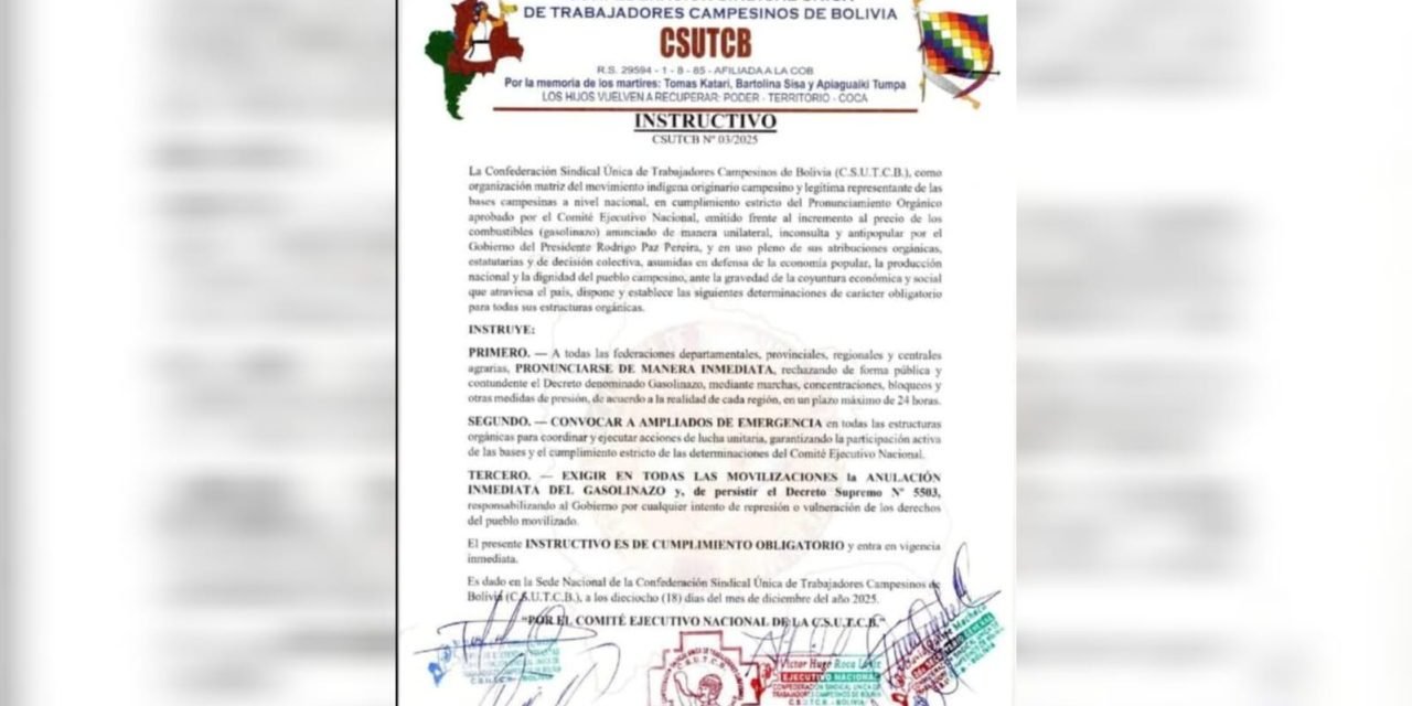 CSUTCB CONVOCA A MOVILIZACIONES NACIONALES CONTRA EL ALZA DE COMBUSTIBLES