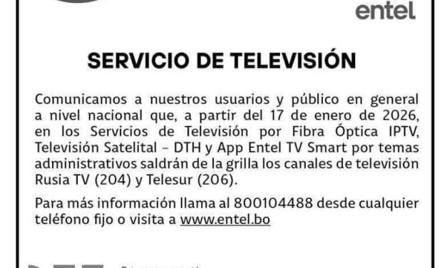 ENTEL RETIRA A TELESUR Y RUSIA TV DE SU PROGRAMACIÓN