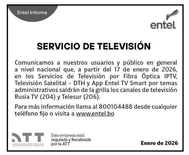 ENTEL RETIRA A TELESUR Y RUSIA TV DE SU PROGRAMACIÓN
