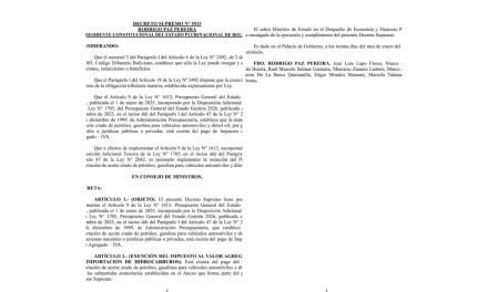 GOBIERNO DE RODRIGO PAZ EXIME DEL IVA A LA IMPORTACIÓN DE COMBUSTIBLES MEDIANTE FIRMA DIGITAL