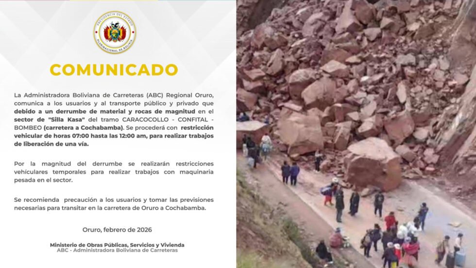 ABC RESTRINGE TEMPORAL EN LA VÍA ORURO–COCHABAMBA POR DERRUMBE