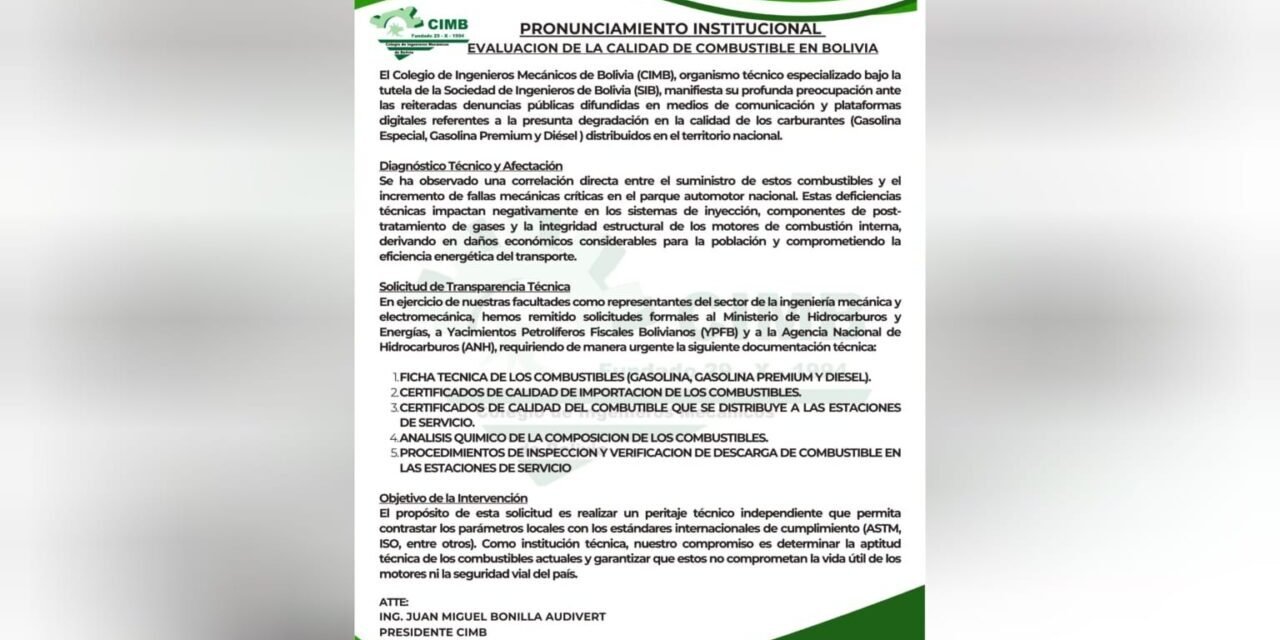 COMBUSTIBLES BAJO OBSERVACIÓN: INGENIEROS EXIGEN INFORMES TÉCNICOS A YPFB Y ANH