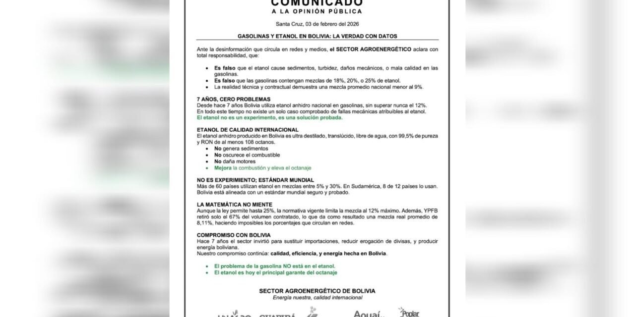 SECTOR AGROENERGÉTICO ACLARA: EL ETANOL NO ES LA CAUSA DE LOS PROBLEMAS EN LA GASOLINA