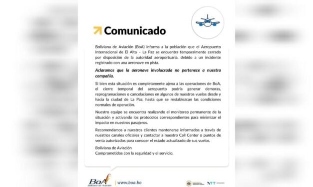 CIERRAN TEMPORALMENTE EL AEROPUERTO DE EL ALTO POR INCIDENTE AÉREO