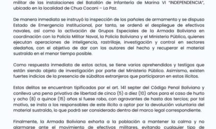 ARMADA BOLIVIANA DECLARA EMERGENCIA POR ROBO MILITAR