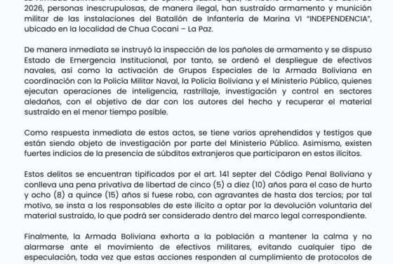 ARMADA BOLIVIANA DECLARA EMERGENCIA POR ROBO MILITAR