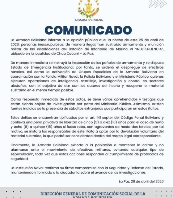 ARMADA BOLIVIANA DECLARA EMERGENCIA POR ROBO MILITAR