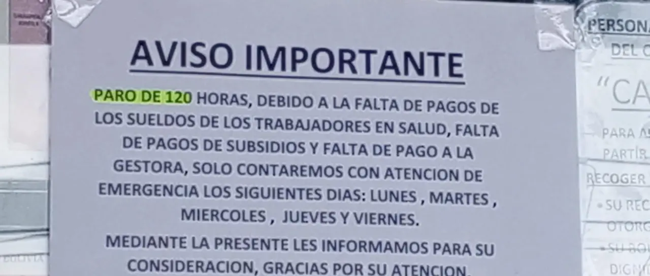 SECTOR SALUD INICIA PARO DE 120 HORAS POR SUELDOS ADEUDADOS