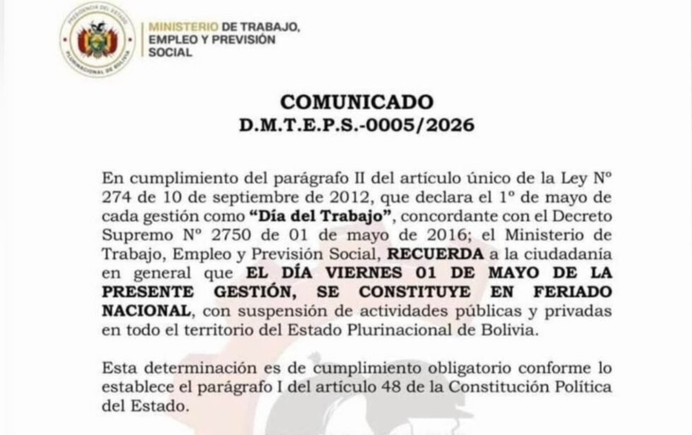 MINISTERIO DE TRABAJO OFICIALIZA FERIADO NACIONAL PARA EL 1 DE MAYO