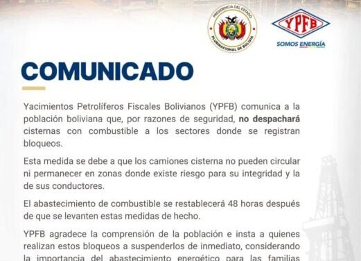 YPFB SUSPENDE ENTREGA DE COMBUSTIBLE EN ZONAS CON BLOQUEOS POR SEGURIDAD
