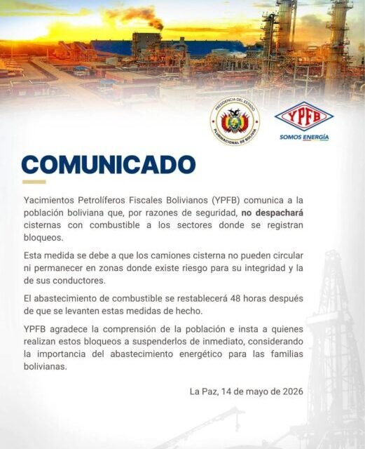 YPFB SUSPENDE ENTREGA DE COMBUSTIBLE EN ZONAS CON BLOQUEOS POR SEGURIDAD